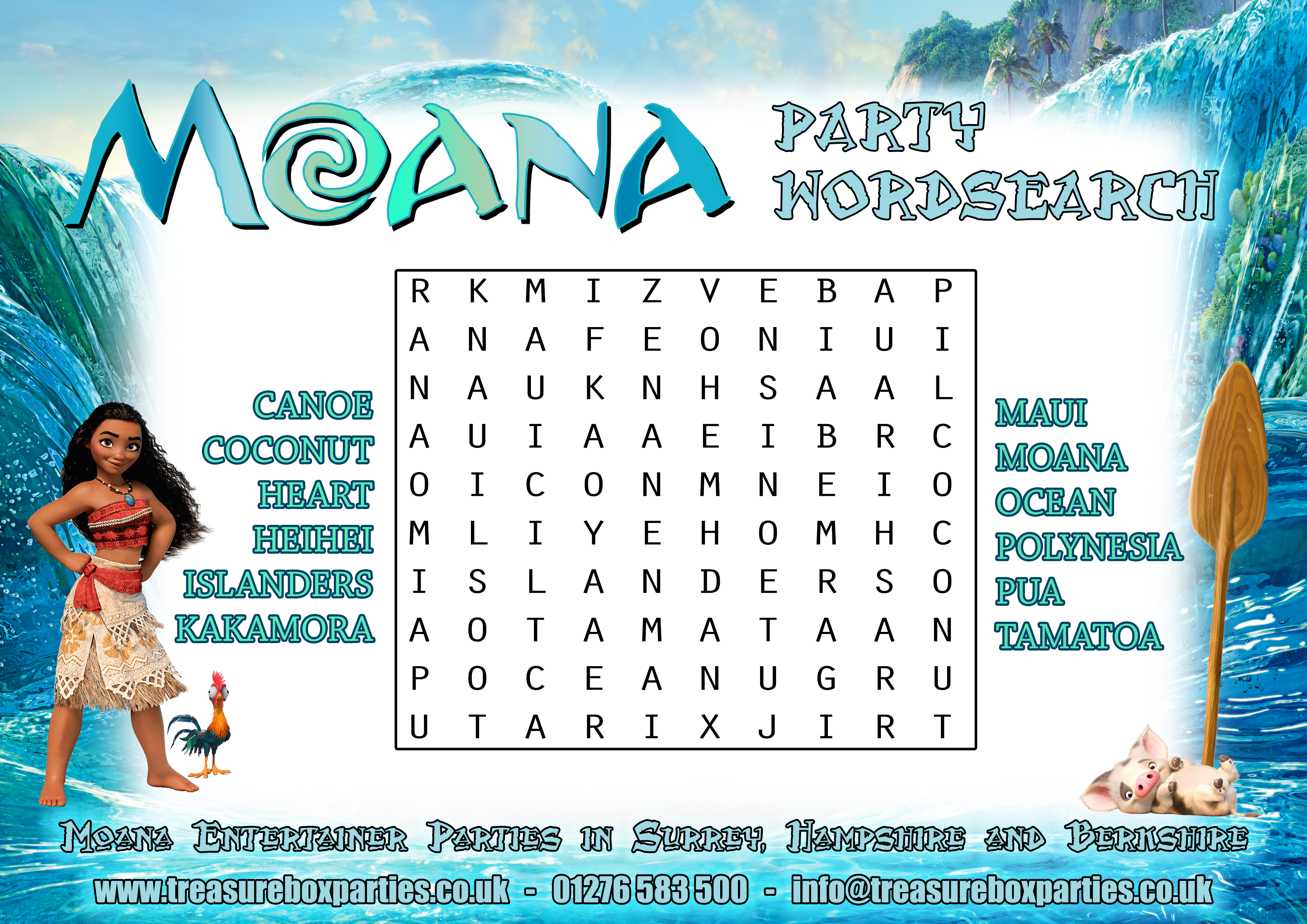 Moana - Wordsearch - Childrens Entertainer Parties Surrey Berkshire