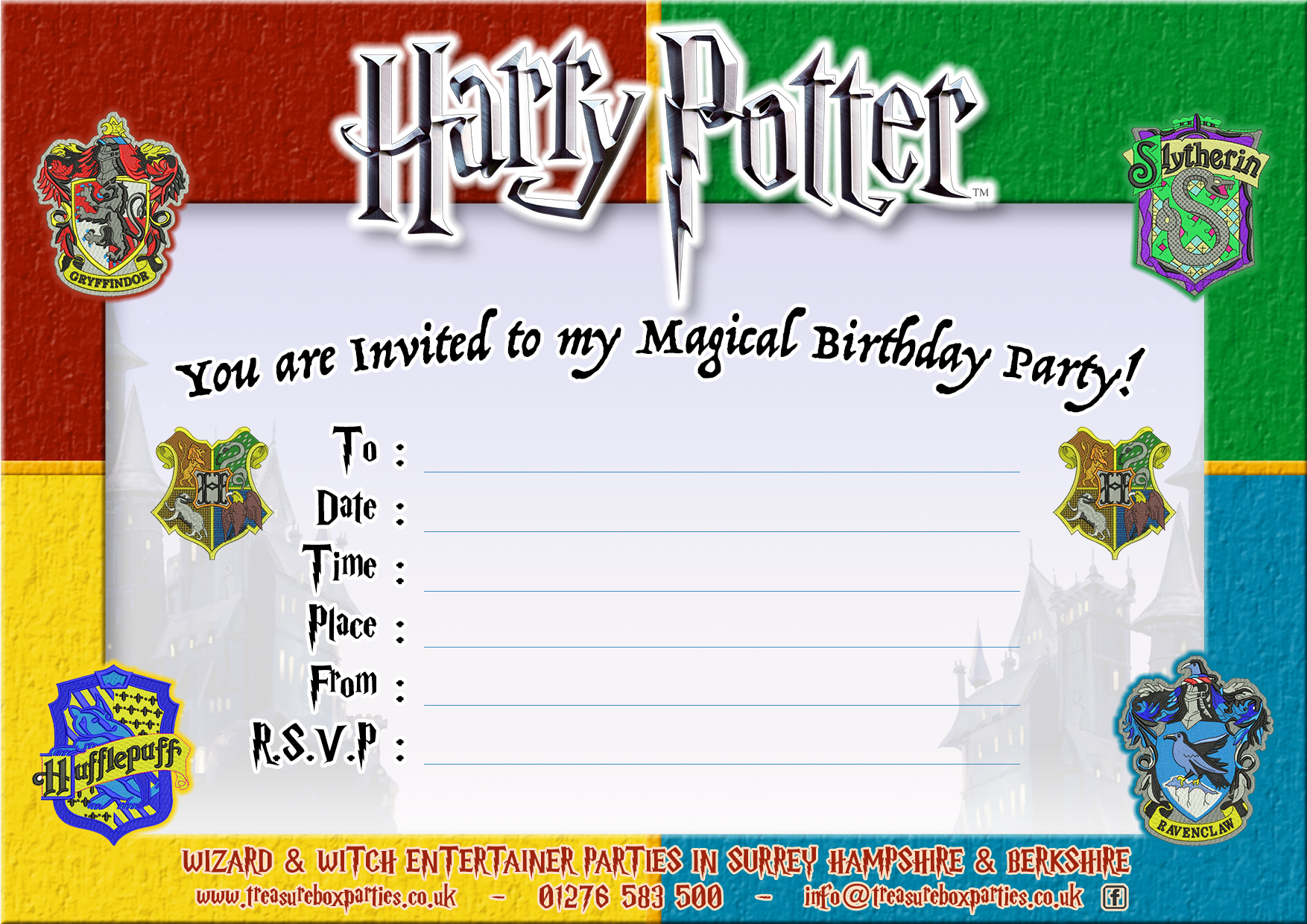 Free Printable Harry Potter Birthday Party Invitation Childrens Entertainer Parties Surrey Berkshire Hampshire Treasure Box Parties Supplies Kids Party Games Ideas