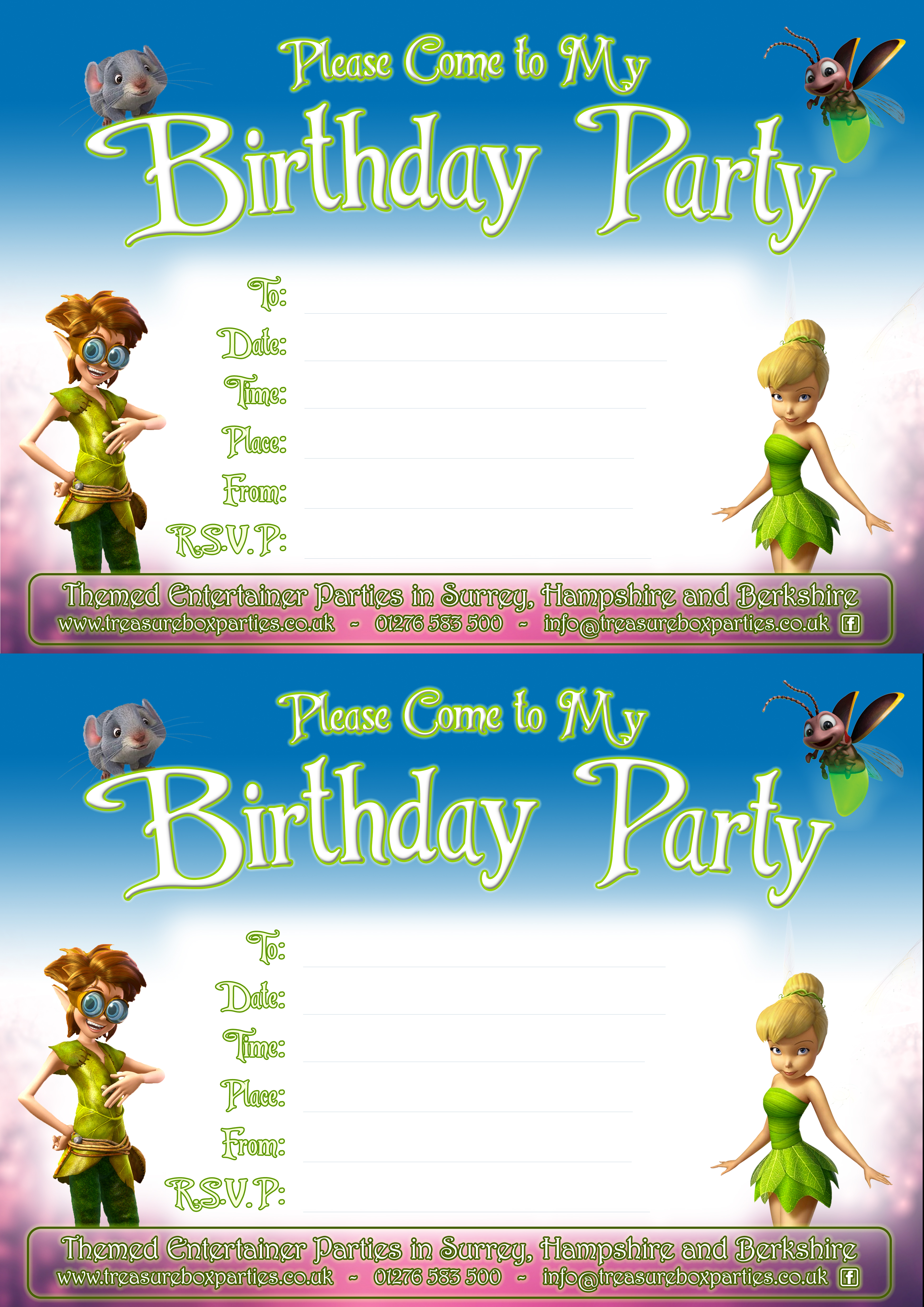 TINKERBELL FAIRIES A5 DISNEY CHILDRENS PARTY INVITATIONS X 12 