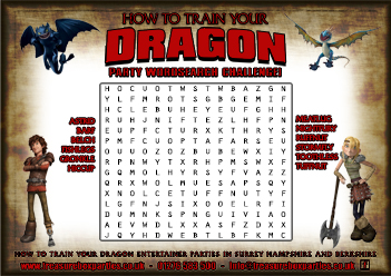 A free printable How To Train Your Dragon Party Word Search