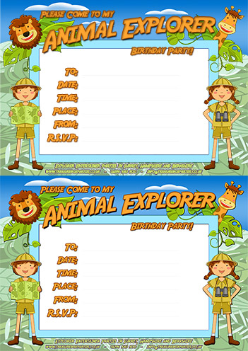 Free Printable Animal Explorer Birthday Party Invitation Sheet