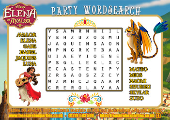 Elena of Avalor Birthday Party Printable Wordsearch Activity Sheet